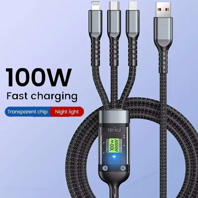 3-in-1 100 W transparente Kontrolllampe, superschnelles Ladekabel, universell, mit Typ-C-USB-Mikro für iPhone, Samsung, Huawei, Xiaomi 6A Image