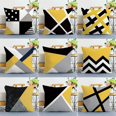 Yellow and Black Geometric Print Decorative Pillowcases Bedroom Living Room Square Cushion