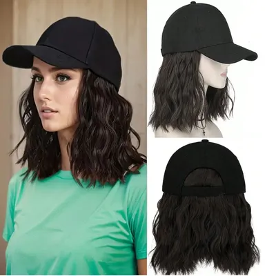 Hat Wig for Women, Short Wave Baseball Cap Wig with Curly Synthetic Hair Extensions, Adjustable Brown Black Baseball Hat Wig