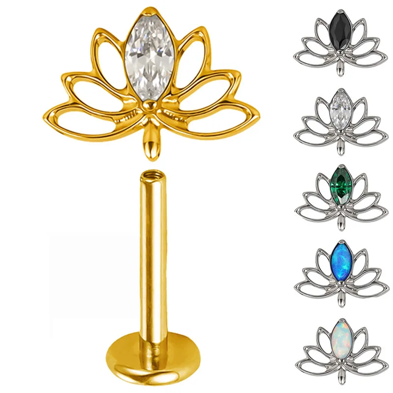 ASTM F136 Titan Ohr PIERC Hohl Lotus Ohrringe CZ Gepflastert Top Gewinde Labret Ohr Stud Tragus Lippen Ring Körper Piercing Schmuck Image