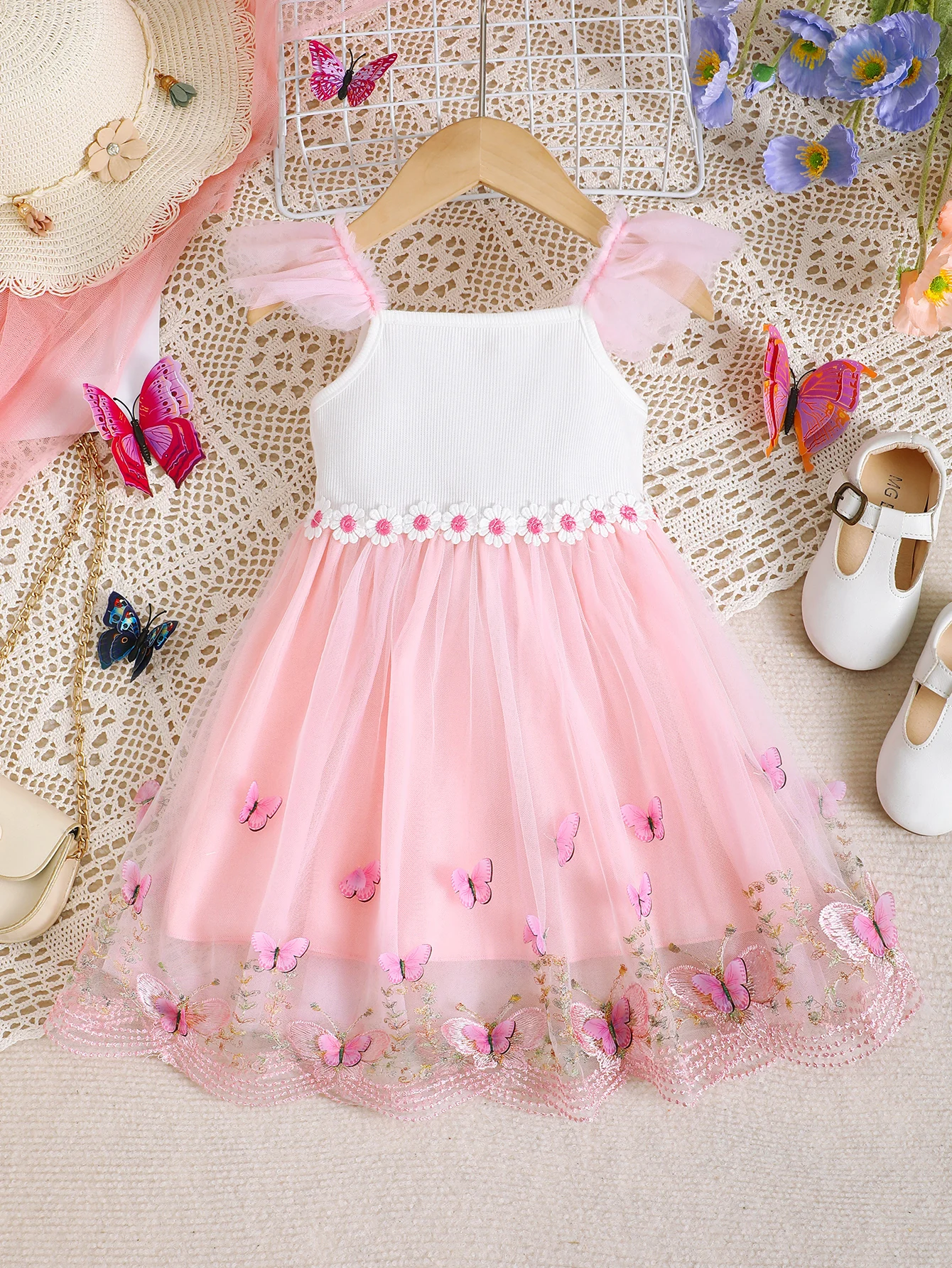 Sommerkleid für Babys, Mädchen, wunderschön besticktes Prinzessinnenkleid mit Schmetterlings-Tüll, Kleinkind-Urlaubs-Partykleid, geeignet für 0–3 Jahre Image