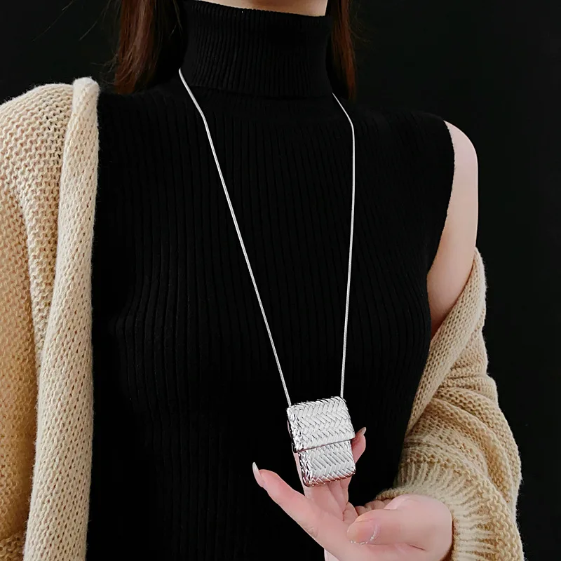 Silber Farbe Quadratische Tasche Anhänger Halskette Schlange Kette Lange Kette Halsketten Für Frauen Mädchen Kreative Hals Schmuck Beste Geschenke Image