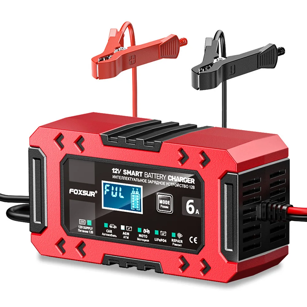 FOXSUR Vollautomatisches Autobatterieladegerät, 12 V, 6 A, Digitalanzeige, 10-stufiges Batterieladegerät, Power Puls Reparatur, Motorradladegeräte Image