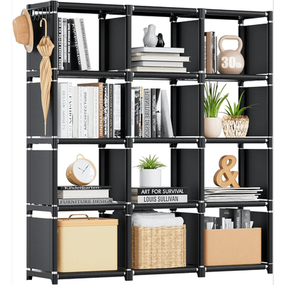 TEMU 1 Customizable Diy Bookshelf, Equipped With 12 Plastic Fabric Storage Bins. Bedrooms, Living Rooms, And Offices. Black Steel Pipe Frame. ., Standing Shelf Image