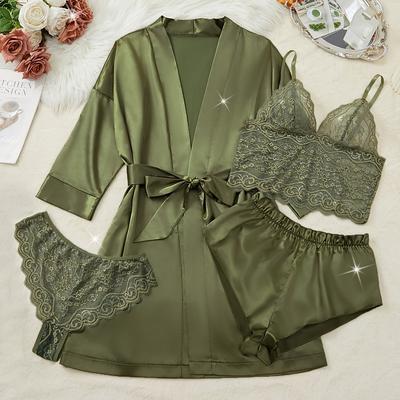 TEMU Solid Color Flowers Lace Elegant Pajama Set, V Neck Semi Sheer Halter Top & Briefs & Satin Shorts & Long Sleeve Robe Belt, Women's Comfortable Pajamas & Loungewear Image