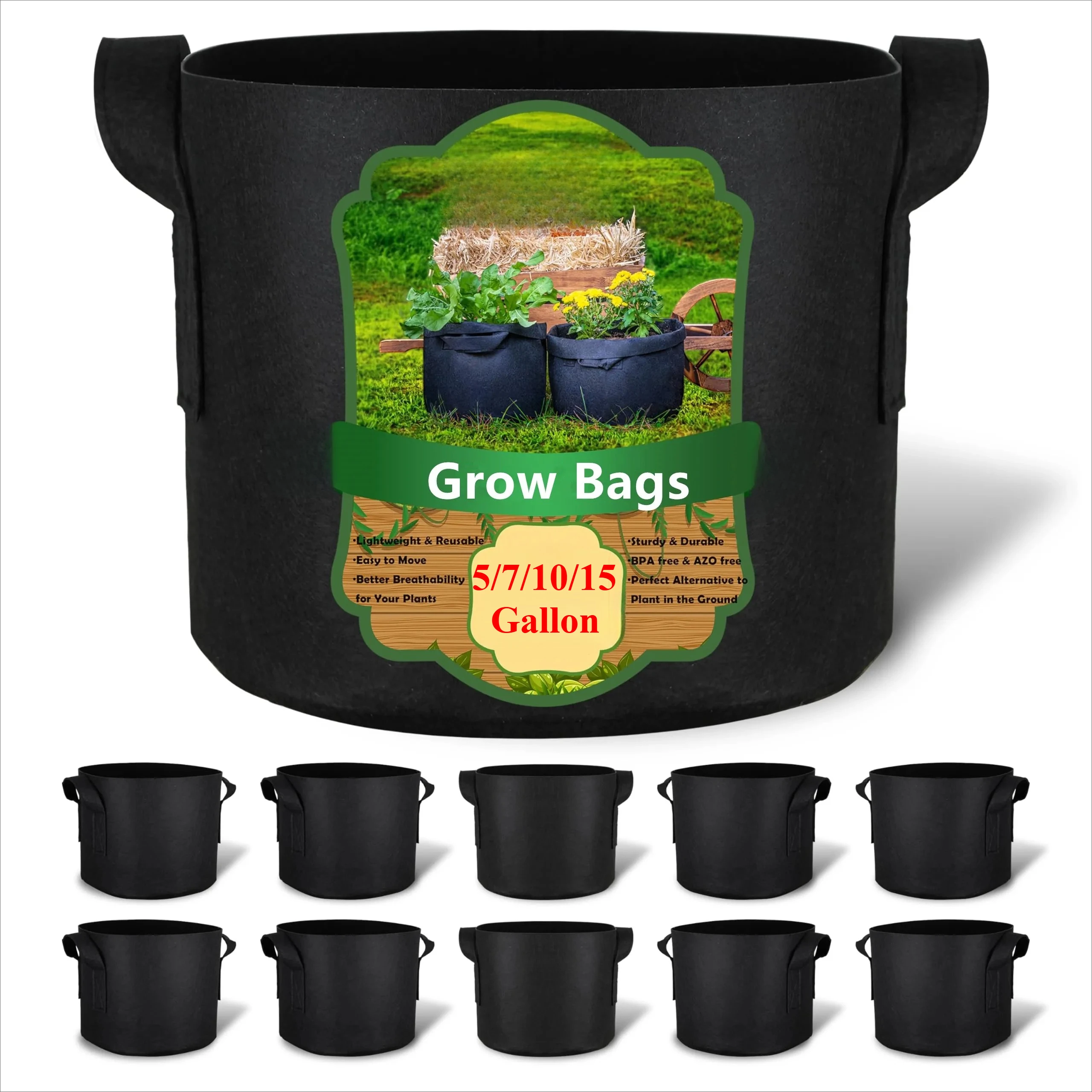 5–20 Stück 5/10/15 Gallonen wiederverwendbare Wachstumsbeutel, 300 g, verdickte Töpfe aus Vliesstoff mit Griffen zum Pflanzen von Gemüse/Blumen im Garten Image