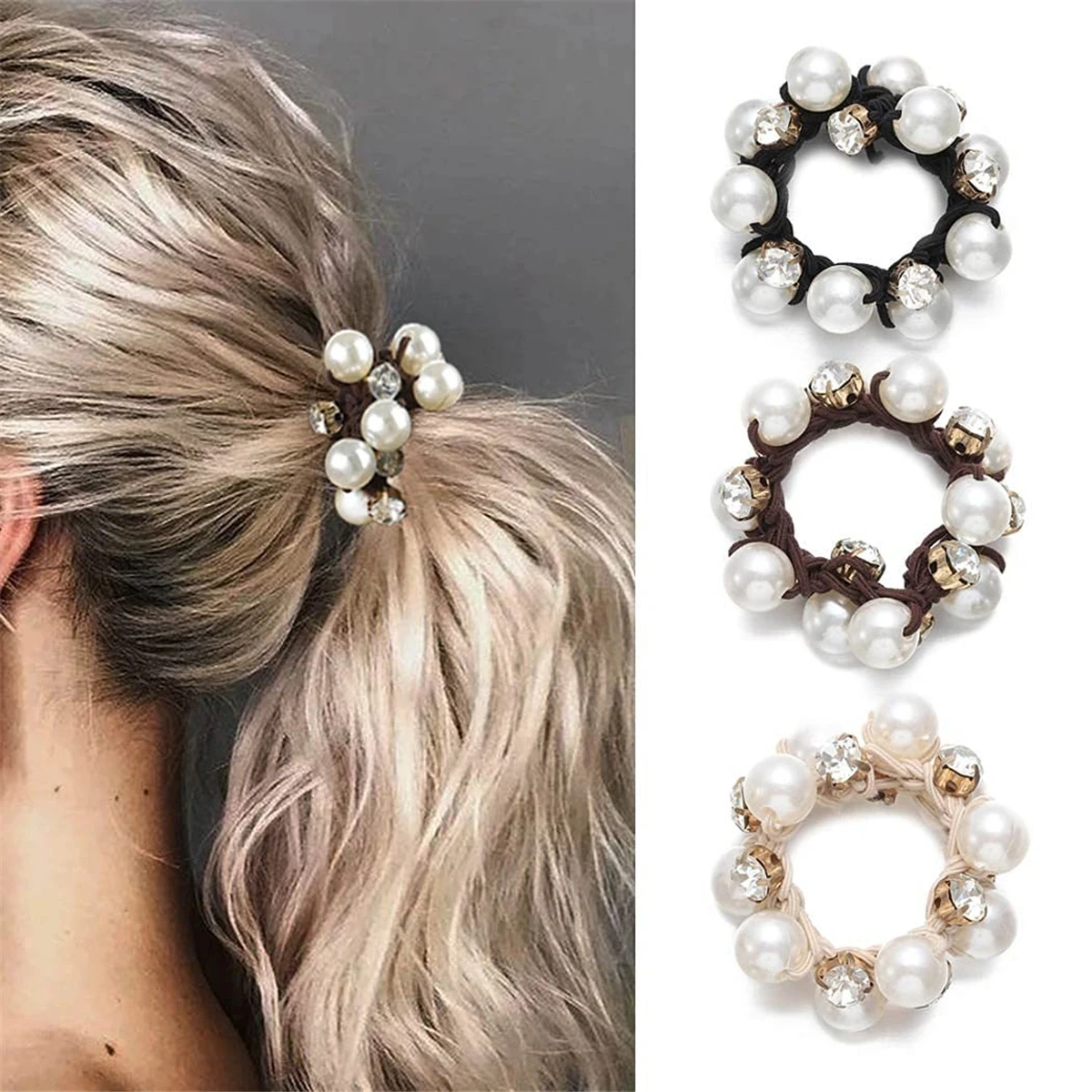3 Stück Haargummi mit Paux-Perlenkrempe, glitzerndes Strass-Dekor, Haarseil, Retro-Stil, Haargummis für Frauen Image