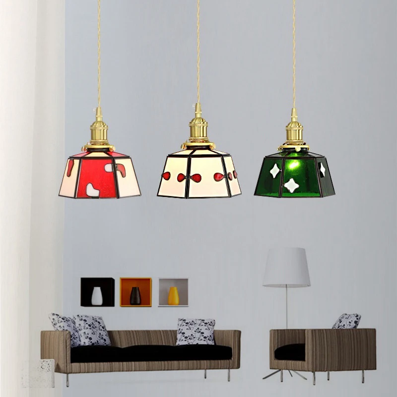 Hand geschweißte bunte Glas Pendel leuchte Messing LED Hängelampe mit Schalter nach Hause Innen Schlafzimmer Nacht Restaurant Café Vitrine lampe wohnzimer kronleuchter lampe decke hängelleuchte led