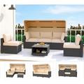 Outdoor Daybed with Canopy 6 Pieces Patio Furniture Sets Adjustable Backrest PE Gradient Wicker Sectional Furniture Set with Tempered Glass Side Table