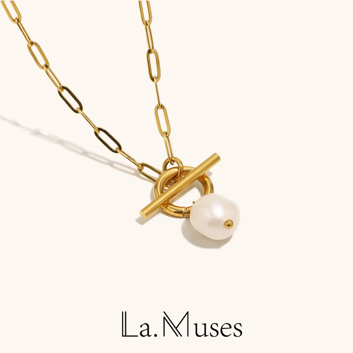 La. Muses Collana da donna in acciaio inossidabile con ciondolo di perle d'acqua dolce barocche, regalo di gioielli di moda placcati in oro 18 carati