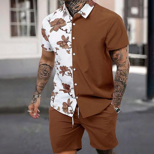 Men's Plants 2pcs Shirts Sets Summer Tops Short Sleeve Turndown Vacation Casual Outdoor Home Casual 3D Print Robin's Egg Blue Red Brown