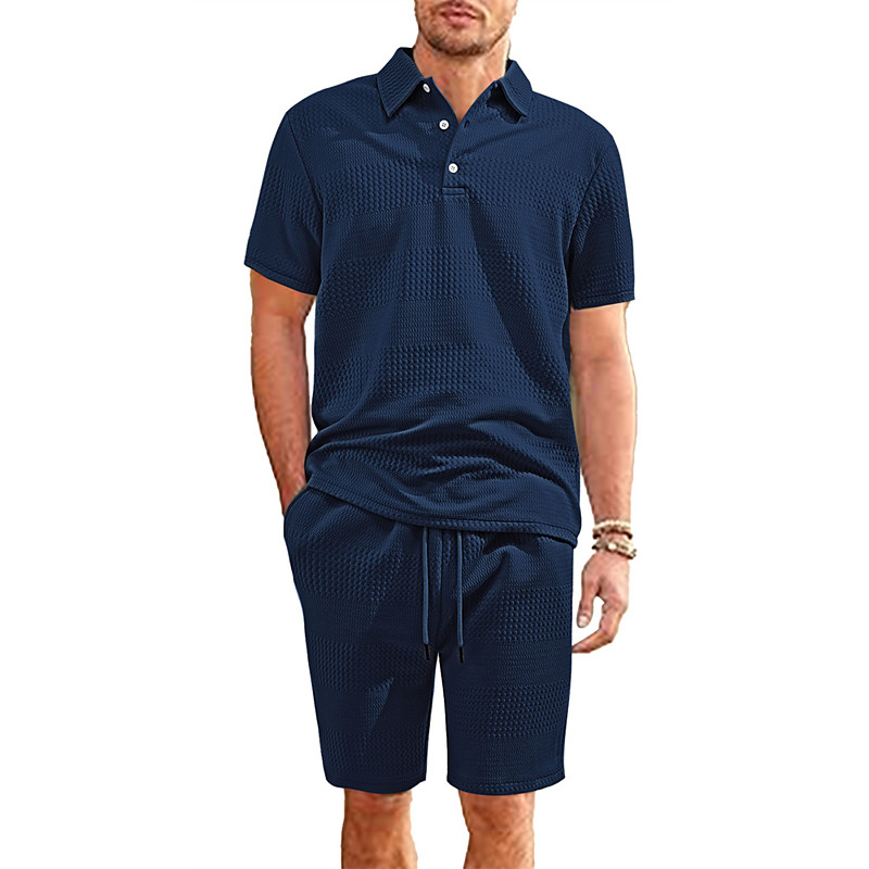 Men's Jacquard Tracksuit Polo Shirt Shorts Set Outfit Set Lapel Outdoor Daily Sports Pocket Drawstring 2 Piece Plain Black White Navy Blue Polyester Activewear Classic Casual Summer