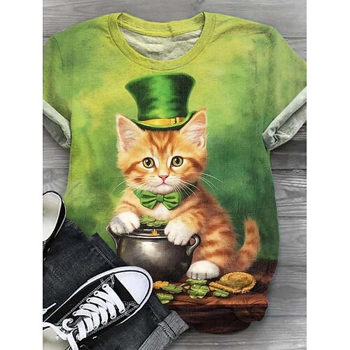 St. Patrick Damen T-Shirt Shamrock Freizeit Kurzarm Rundhals Reguläre Tops Tagesdruck Grün Sommer Image