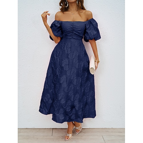 Retro Vintage 1950er Midlänge Kleid Ausgestelltes Kleid Puffärmel Schulterfrei Blumen A-Linie Kostüm Damen Maskerade Hochzeit Urlaub Teegesellschaft Erwachsene Kleid Image
