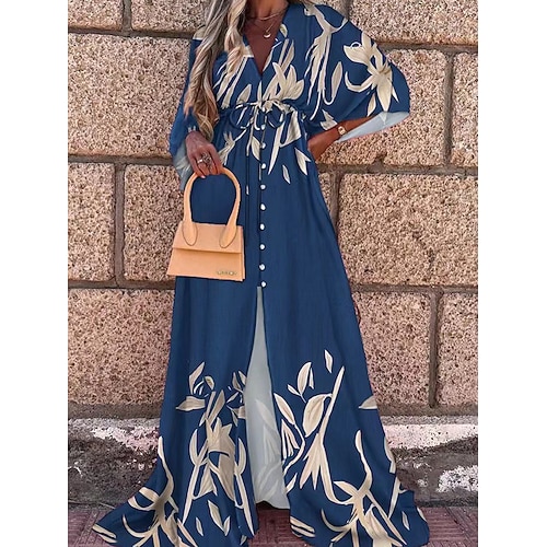 Damen Maxikleid Wickelkleid Sommerkleid A Linie Kleid Figurbetontes Kleid Urlaub Urlaub Täglich Normale Passform Blumen Langarm V Ausschnitt Rosa Orange Grün Dunkelblau Sommer Image
