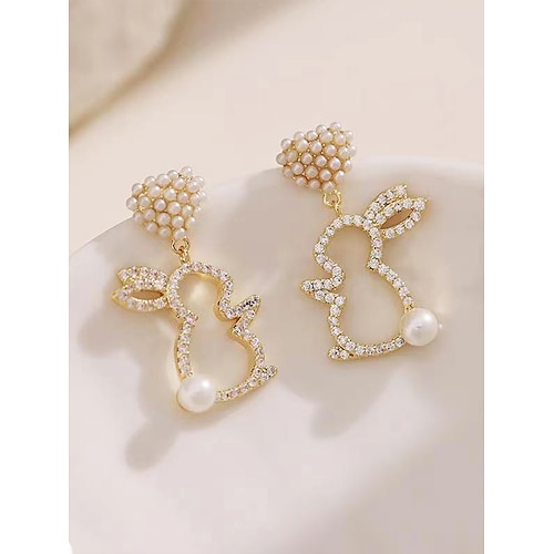 Osterhasen-Ohrringe für Damen – Herzdesign mit Kristalldetails und Perlenverzierungen, schöne vergoldete Damenohrringe, perfekt für Ostern, Frühlingspartys und Freizeitausflüge Image