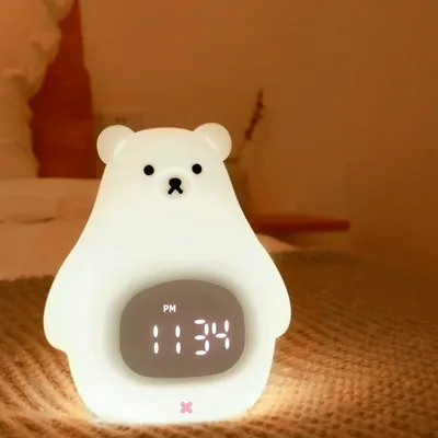 Usb Rechargeable White Bear Sleep Trainer For Kids Baby Led Light Silicon Touch Control Smart Alarm