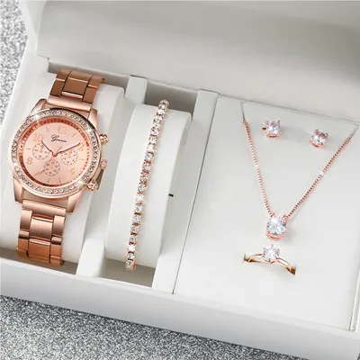 6PCS/Set Fashion Rhinestone Women's Watch Stainless Steel Band Quartz Watches Diamond Jewelry