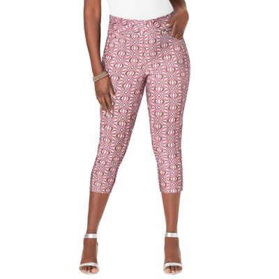 Plus Size Women's Comfort Waist Stretch Denim Capris by Jessica London in Raspberry Mosaic Flower (Size 28) Pull On Jeans Stretch Denim Jeggings