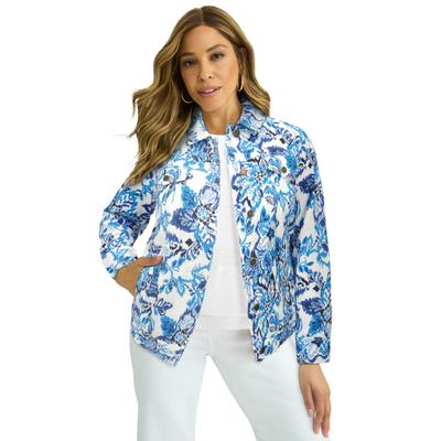 Plus Size Women's Classic Cotton Denim Jacket by Jessica London in Blue Ikat Floral (Size 14) 100% Cotton Jean Jacket