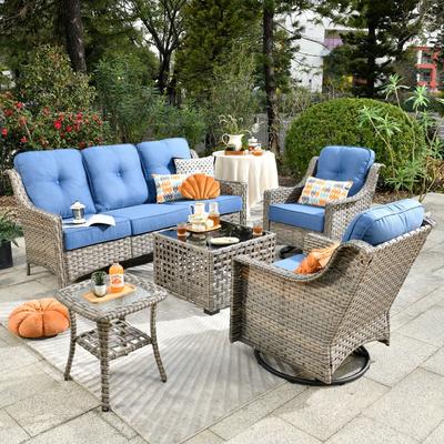 OVIOS 5 Pieces Outdoor Wicker Swivel Chair Set With Solar-Powered Table