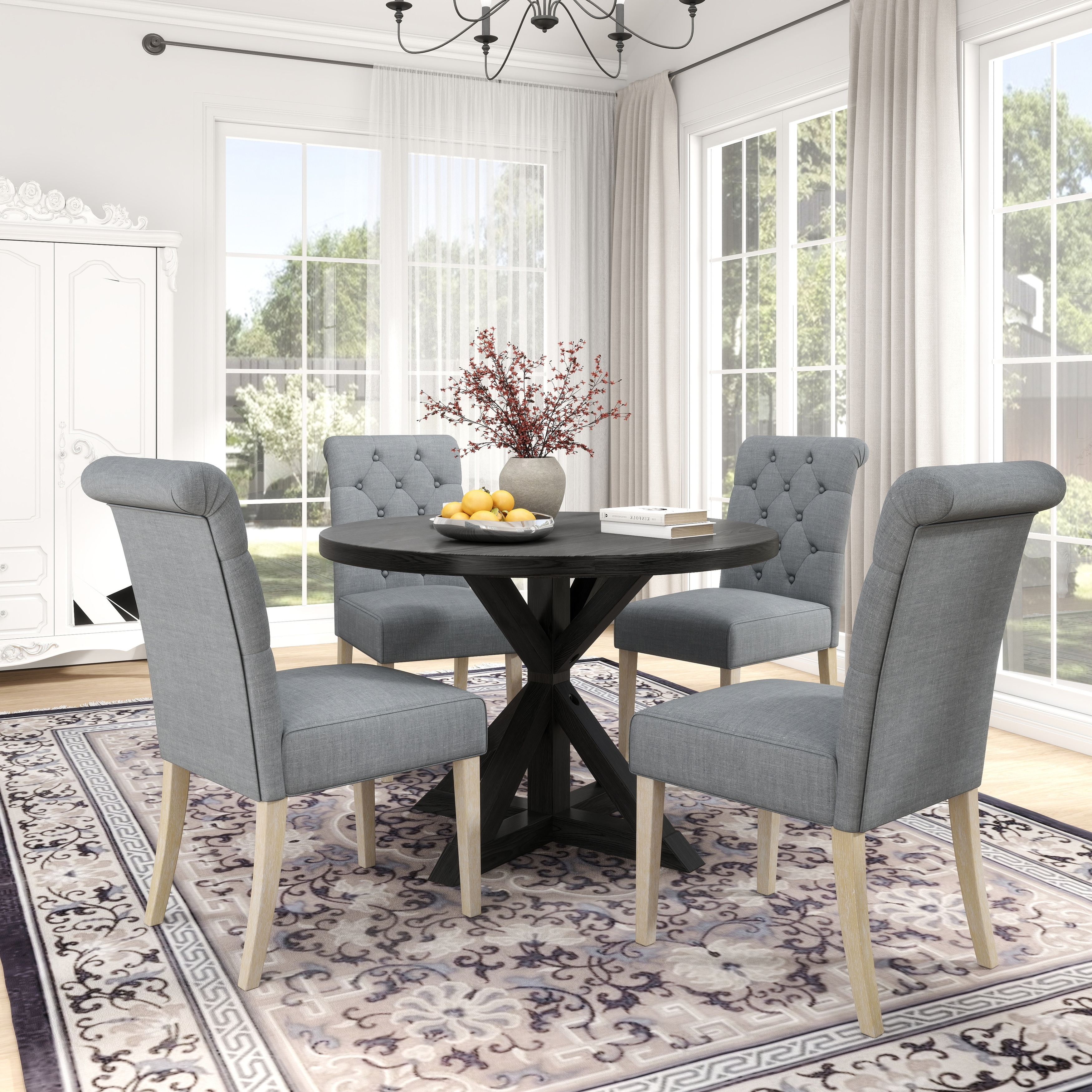 Modern Farmhouse 5 piece Dining Set,Cross Back Round Table with 4 Tufted Chairs