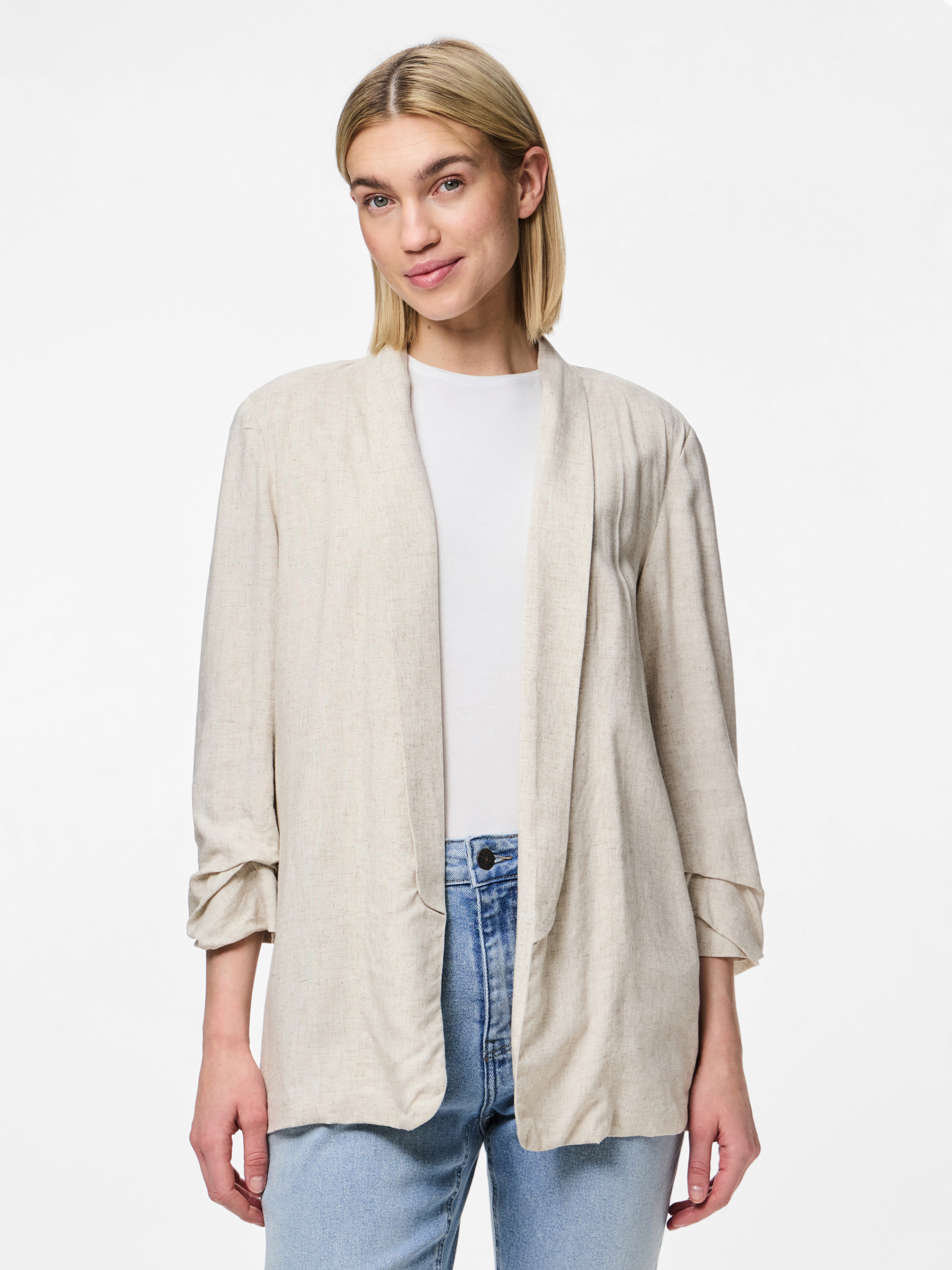 Longblazer PIECES "PCPIA BOSELLA BLAZER WVN NOOS", Damen, Gr. M, beige (birch detail:melange), Web, Obermaterial: 70% Viskose, 30% Leinen, meliert, regular fit, Blazer, mit Leinen Image