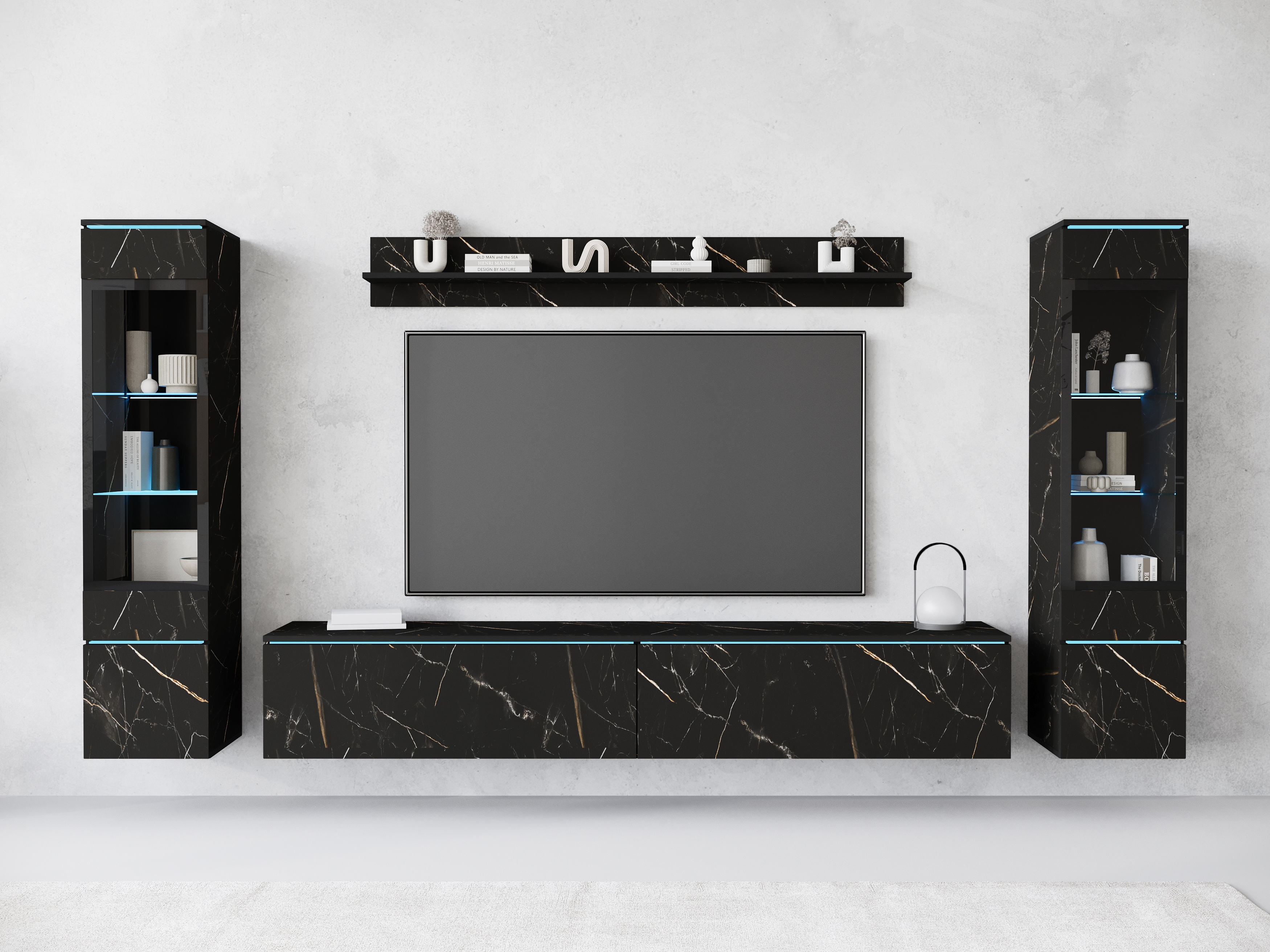 Wohnwand INOSIGN "VERA II", schwarz (san sebastian), B:260cm H:130cm T:33cm, Kastenmöbel-Sets, Vitrine mit Verglasung, stehend und hängend, inklusive Beleuchtung, Topseller