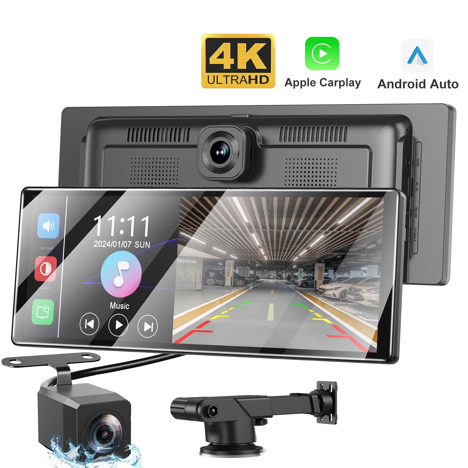 ESSGOO 4K+1080P Display Touchscreen 11,3 Pollici Dash Cam Autoradio Carplay & Android Auto Wireless DVR GPS WIFI Mirror Link AUX FM Bluetooth Registratore Video Doppio Obiettivo Telecamera Posteriore