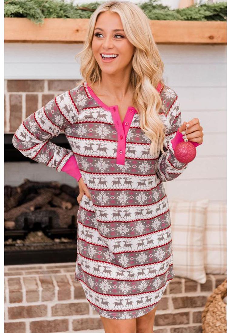 Azura Exchange Damen-Pyjamakleid mit Muster, Henley, in Rosa Image