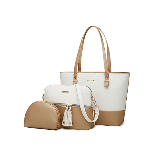 elegante set di borse da donna bicolore patchwork con decorazione a nappe - borsa a mano, borsa a tracolla e borsa piccola - perfette per il tempo libero quotidiano, per andare al lavoro