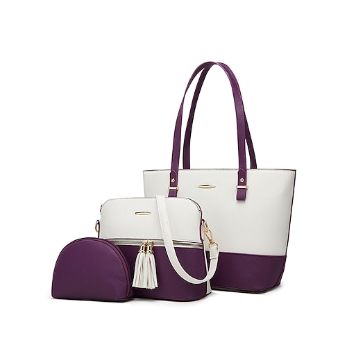 elegante set di borse da donna bicolore patchwork con decorazione a nappe - borsa a mano, borsa a tracolla e borsa piccola - perfette per il tempo libero quotidiano, per andare al lavoro