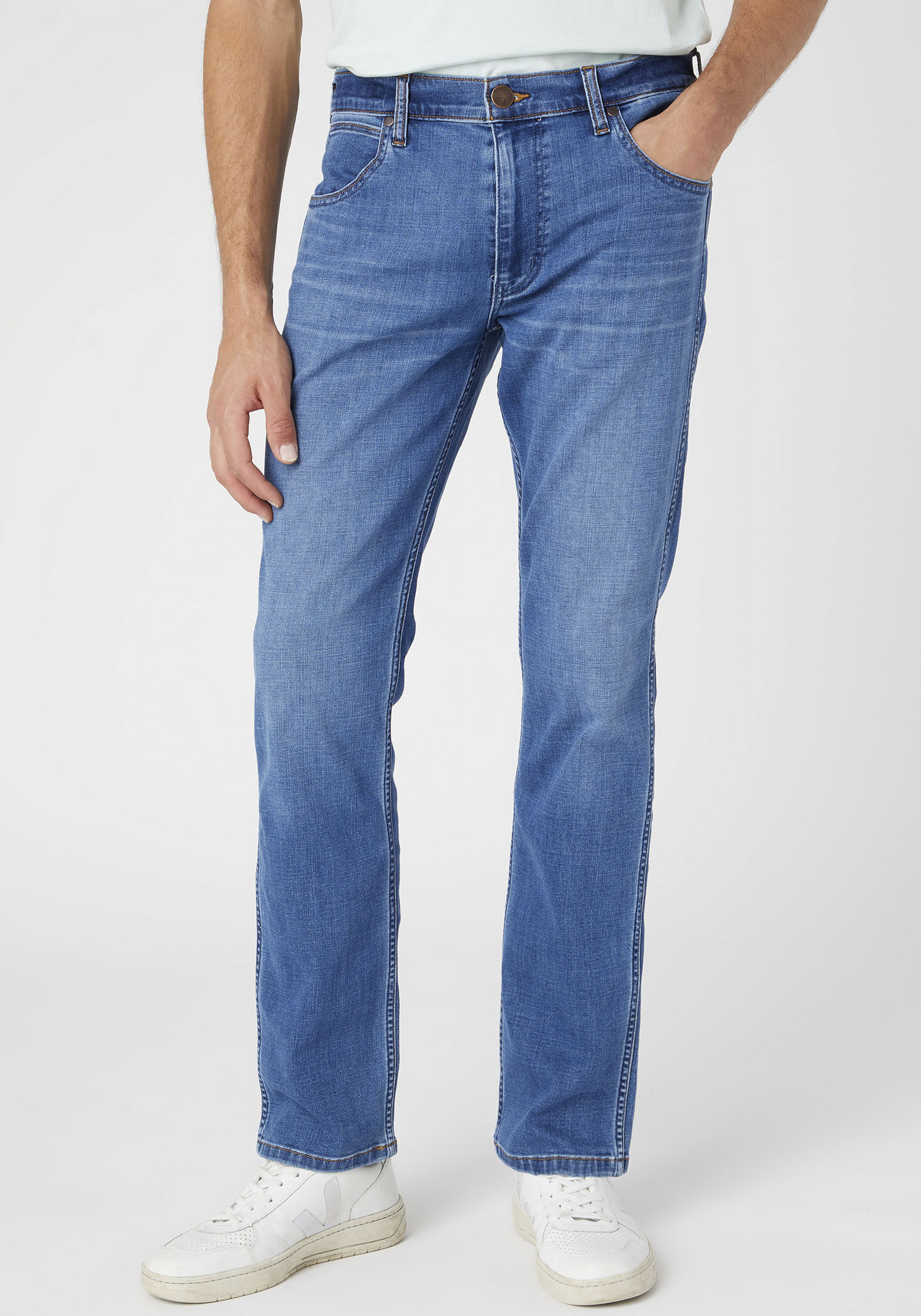 Stretch-Jeans WRANGLER "Greensboro", Herren, Gr. 46, Länge 34, blau (softwear), Denim/Jeans, Obermaterial: 76% Baumwolle, 11% Polyester (REPREVE), 11% sonstige Fasern, 2% Elasthan, straight fit lang, Jeans, Regular Straight fit