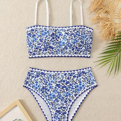 TEMU Ditsy Floral Print Blue Trim Spaghetti Strap 2 Piece Set Bikini Swimsuits, Women's Swimwear & Clothing Image