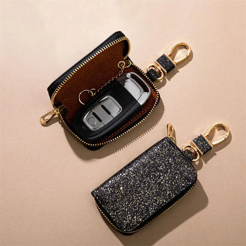 Glänzende Pu-Schlüsseltasche mit Reißverschluss, Schlüsselhalter, Organizer, Auto-Schlüsselanhänger, Geldbörse, modisch, einfache Schlüsseltasche, Tasche, Autoschlüssel-Abdeckung Image