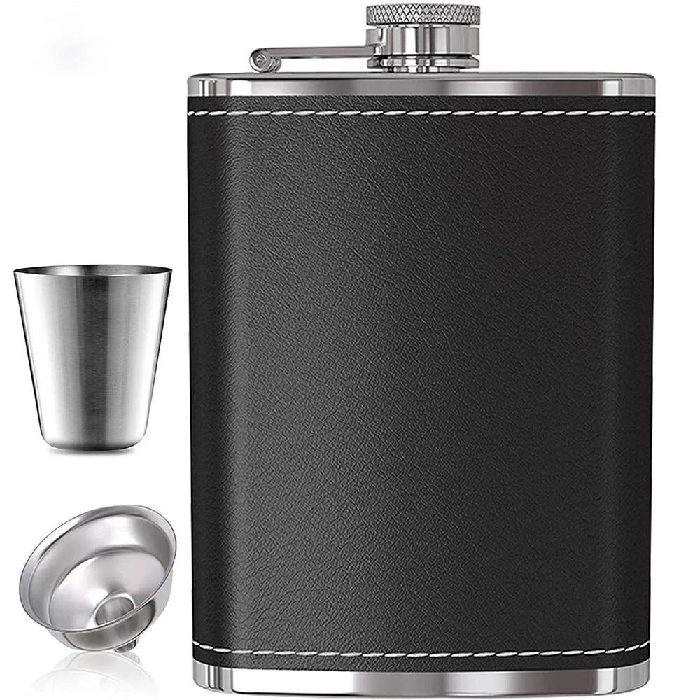 1Pc 8oz Tragbare Edelstahl Flachmann Flagon Whisky Wein Topf Leder Abdeckung Flasche Trichter Reise Tour drink Wein Tasse Image