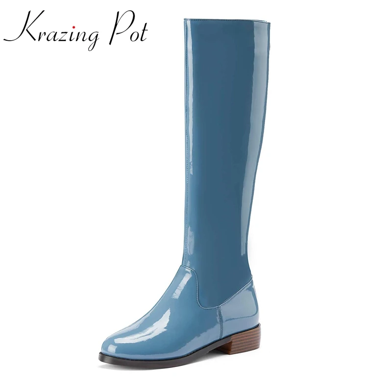 Krazing Pot Winter Neue Ankunft Große Größe Reitstiefel Kuh Patent Leder Runde Kappe Med Ferse Fashion Solid Oberschenkel Hohe Stiefel L68