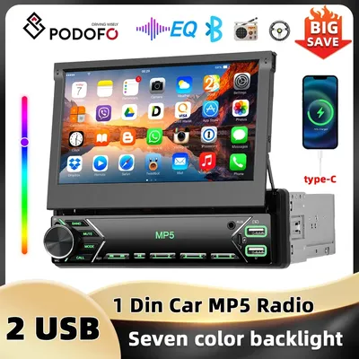Podofo 7'' Manual Retractable Screen Car Radio 1Din MP5 Player Bluetooth FM Mirror Link AUX Audio USB & Type-C Port Car Stereo