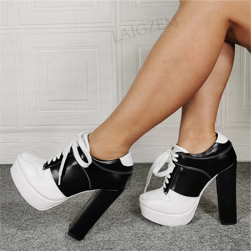 BERZIMER Frauen Stiefeletten Plattform Patchwork Block High Heels Booties Lace Up Damen Schuhe Frau Große Größe 39 41 44 50 52