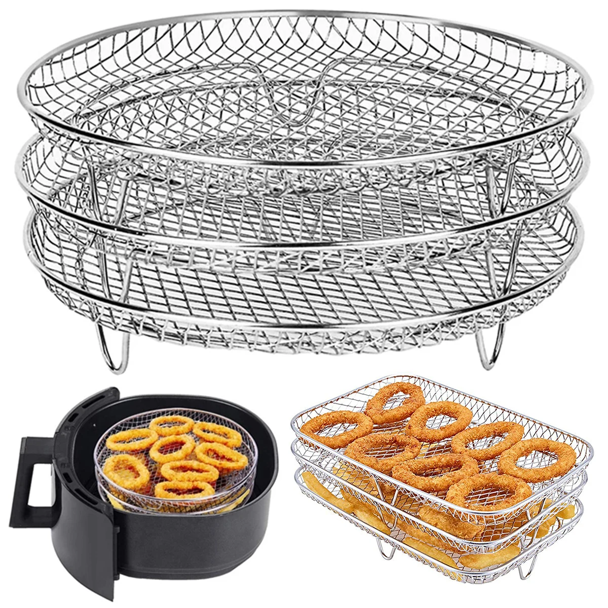 Air Fryer Backständer Dörrständer Quadratischer/runder Ofen Grillständer Airfryer Korb Tablett Zubehör für Cosori, Ninja, Philips Image