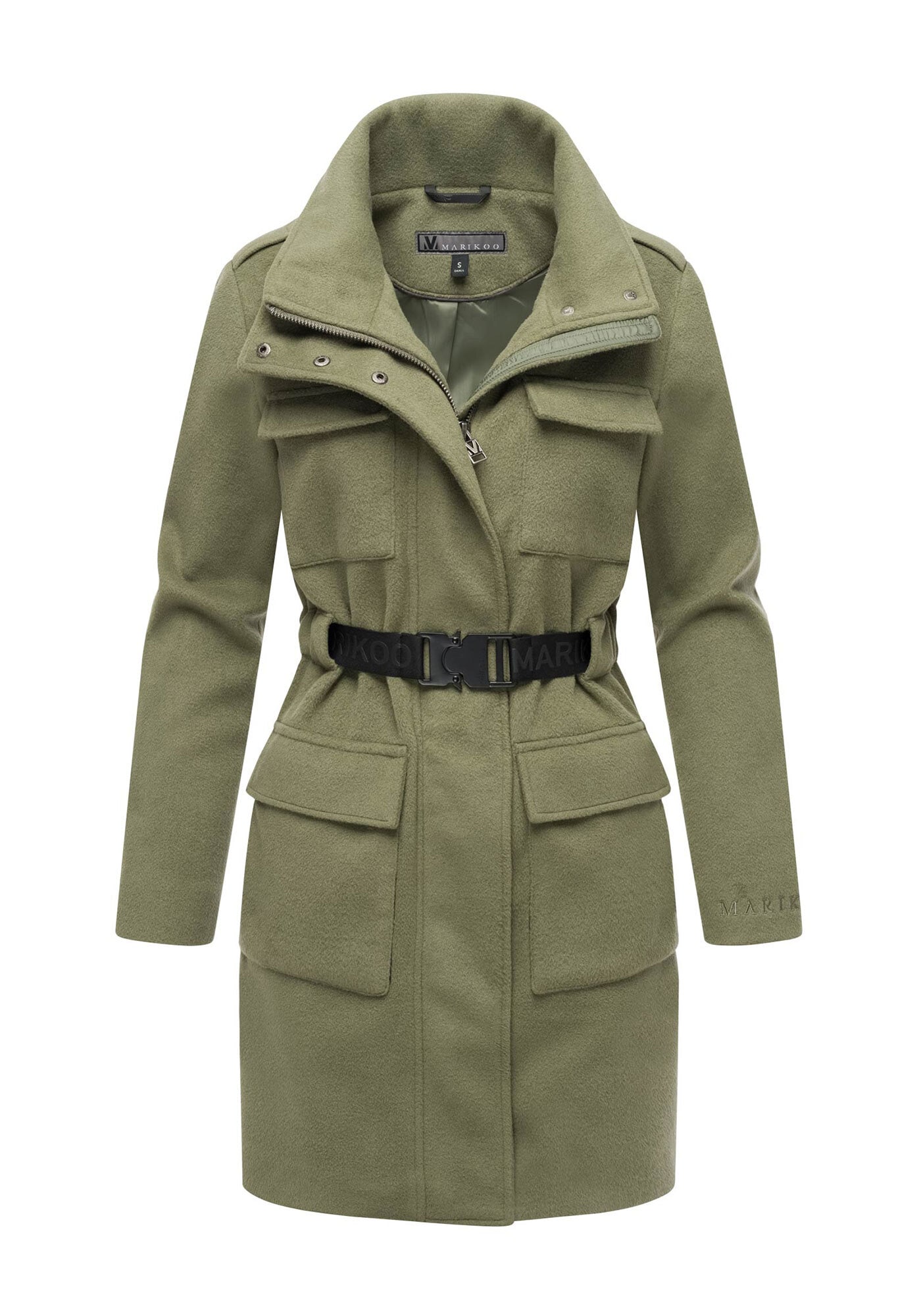 Kurzmantel MARIKOO "Tanokoo", Damen, Gr. L, grün (olive leaf), 90% Polyester, 10% Viskose, Mäntel Kurzmantel, Eleganter Übergangsmantel mit großen Taschen und Stretch-Gürtel