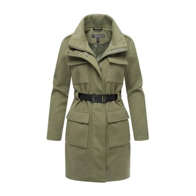 Kurzmantel MARIKOO "Tanokoo", Damen, Gr. XS, grün (olive leaf), 90% Polyester 10% Viskose, Mäntel, Eleganter Übergangsmantel mit großen Taschen und Stretch-Gürtel Image