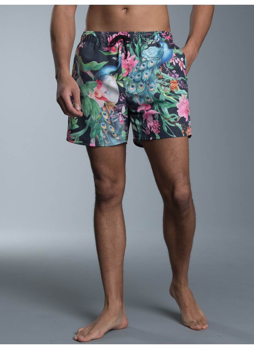 Shorts TRIGEMA "TRIGEMA Bade-/Freizeitshorts mit Druckmotiv", Herren, Gr. L, US-Größen, grau (anthrazit), 50% Baumwolle, 50% Polyamid, Hosen Shorts