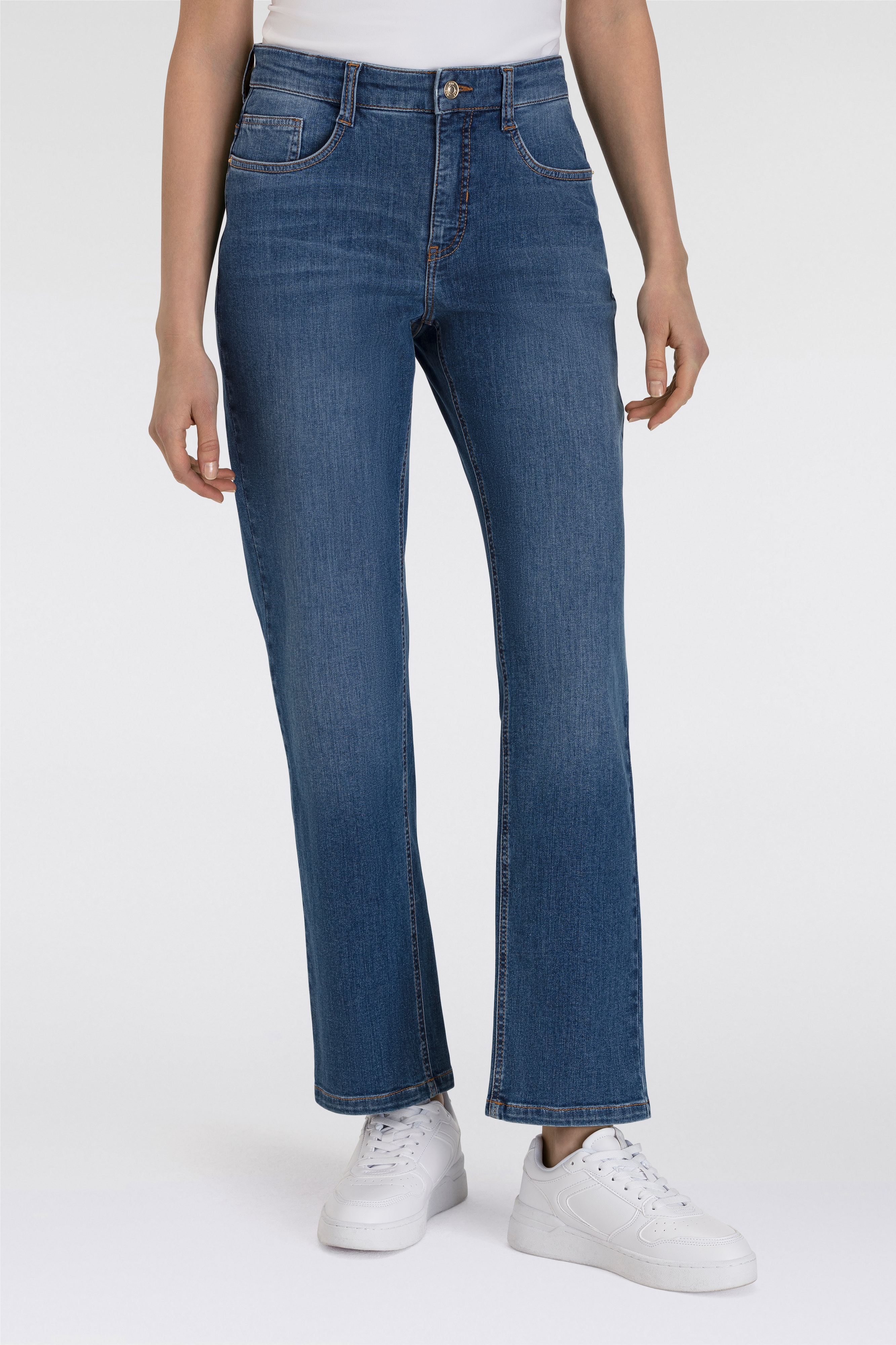 Bequeme Jeans MAC "Stella", Damen, Gr. 48, Länge 34, blau (medium blau authentic use), Denim/Jeans, Obermaterial: 91% Baumwolle, 7% Elastomultiester, 2% Elasthan, comfort fit knöchellang, Jeans, Gerader Beinverlauf