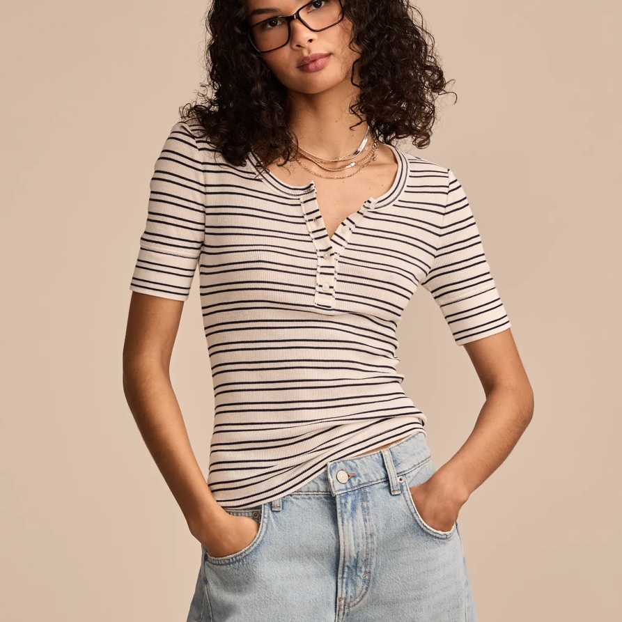 Lucky Brand Ribbed Henley Tee - Women's Clothing Tops Shirts Tee Graphic T Shirts in Cream Stripe, Size L