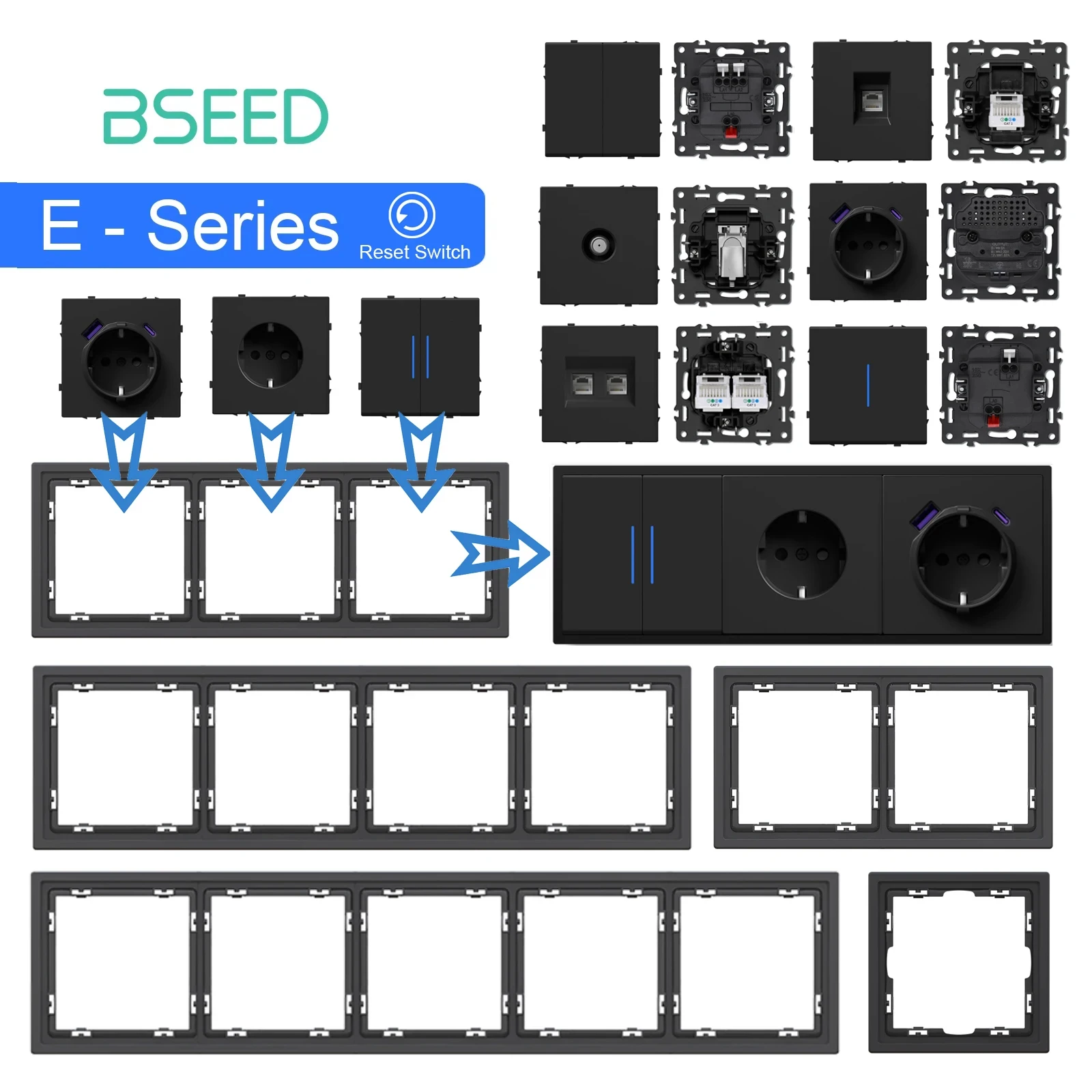 BSEED Taste Reset Schalter Modul USB Telefon Lade Buchse Teile Wand Licht Schalter Schlüssel Einsatz Kunststoff Rahmen Kombination E Serie Image