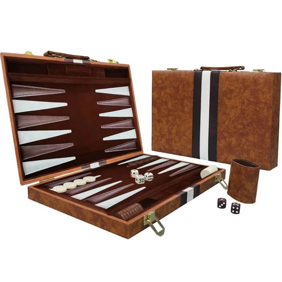 38 cm großes Backgammon-Set, klassisches Klappbrett mit Lederetui, tragbares Reisespiel, ideales Geschenkpaket für Strategieliebhaber Image