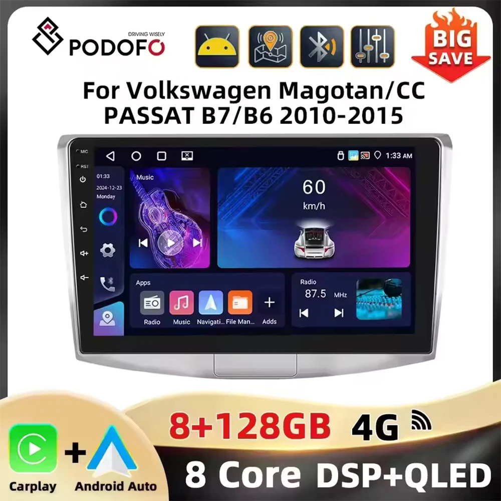 Podofo WIFI 4G Car Radio For Volkswagen Magotan/CC 2010-2014/PASSAT B7/B6 2010-2015 Carplay Android Auto GPS 8Core Car Stereo Image