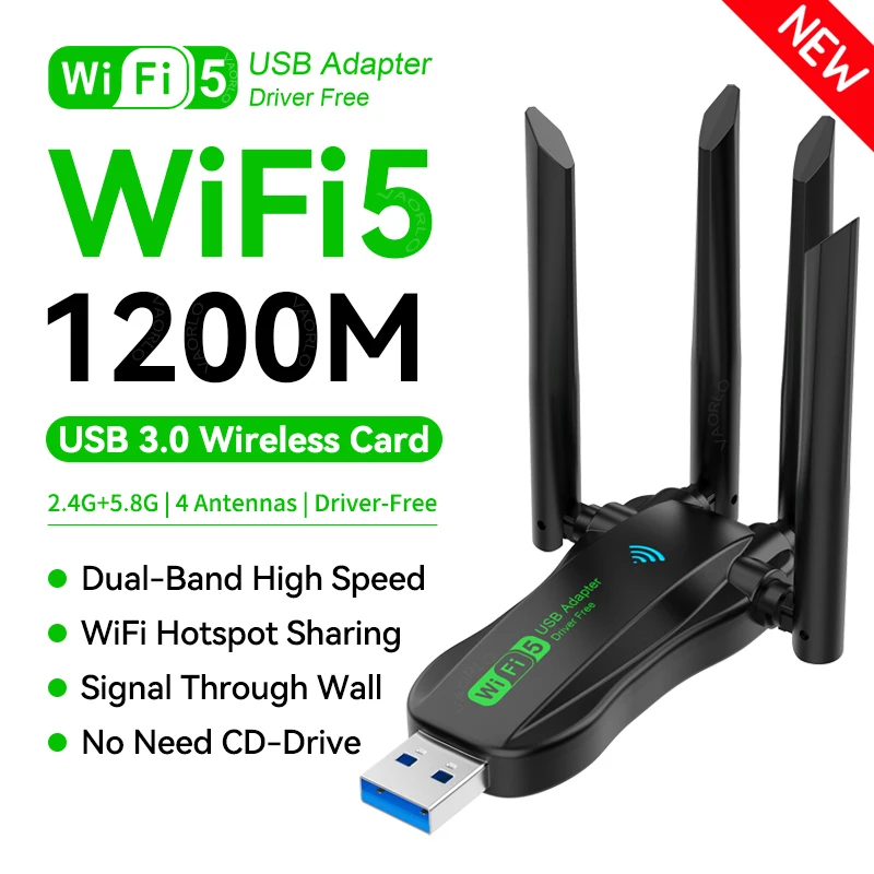 Dual Band 1200 Mbit/s WiFi USB Adapter 2,4 G/5,8 GHz Wi-Fi5 Dongle 4 Antenne USB3.0 Wireless Receiver für PC/Laptop Kein CD-Treiber kostenlos Image