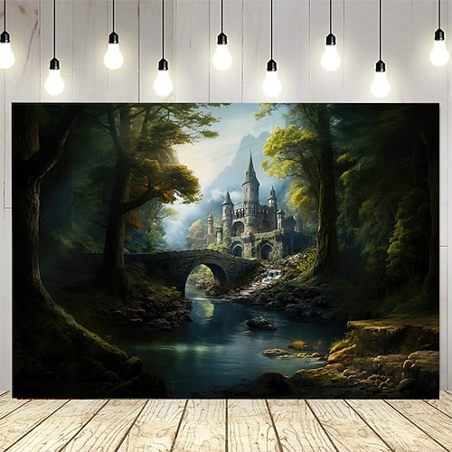 ein Schloss Haus Pflanzen See Wasser Wasserfall Landschaft Wandteppich Wandkunst große Wandteppich Wandbild Dekor Fotografie Hintergrund Decke Vorhang Haus Schlafzimmer Wohnzimmer Dekoration Image